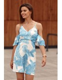 Cream dress with straps and sleeves, blue leaves PR3215 - Online store - Boutique